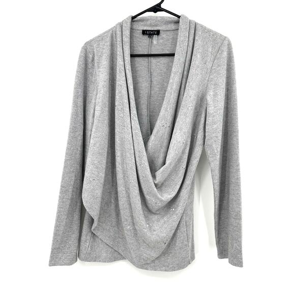 1.State Size Medium Attached Wrap Style Pullover Sweater Gray Embellished Draped - Picture 1 of 5